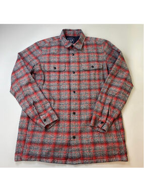 GAP Shirt Jacket M TALL Red Gray Plaid Flannel Gorpcore Grunge Utility Heritage